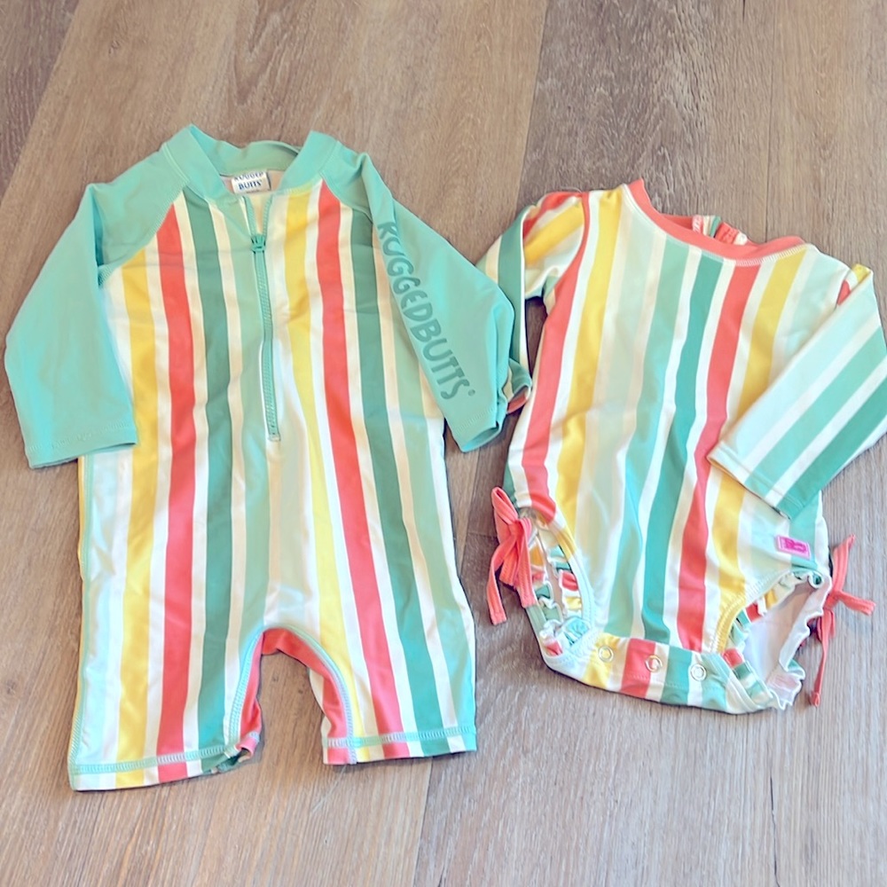 B/G Twin swimsuits, NWOT, Ruffle/Rugged Butts, 6-12 months